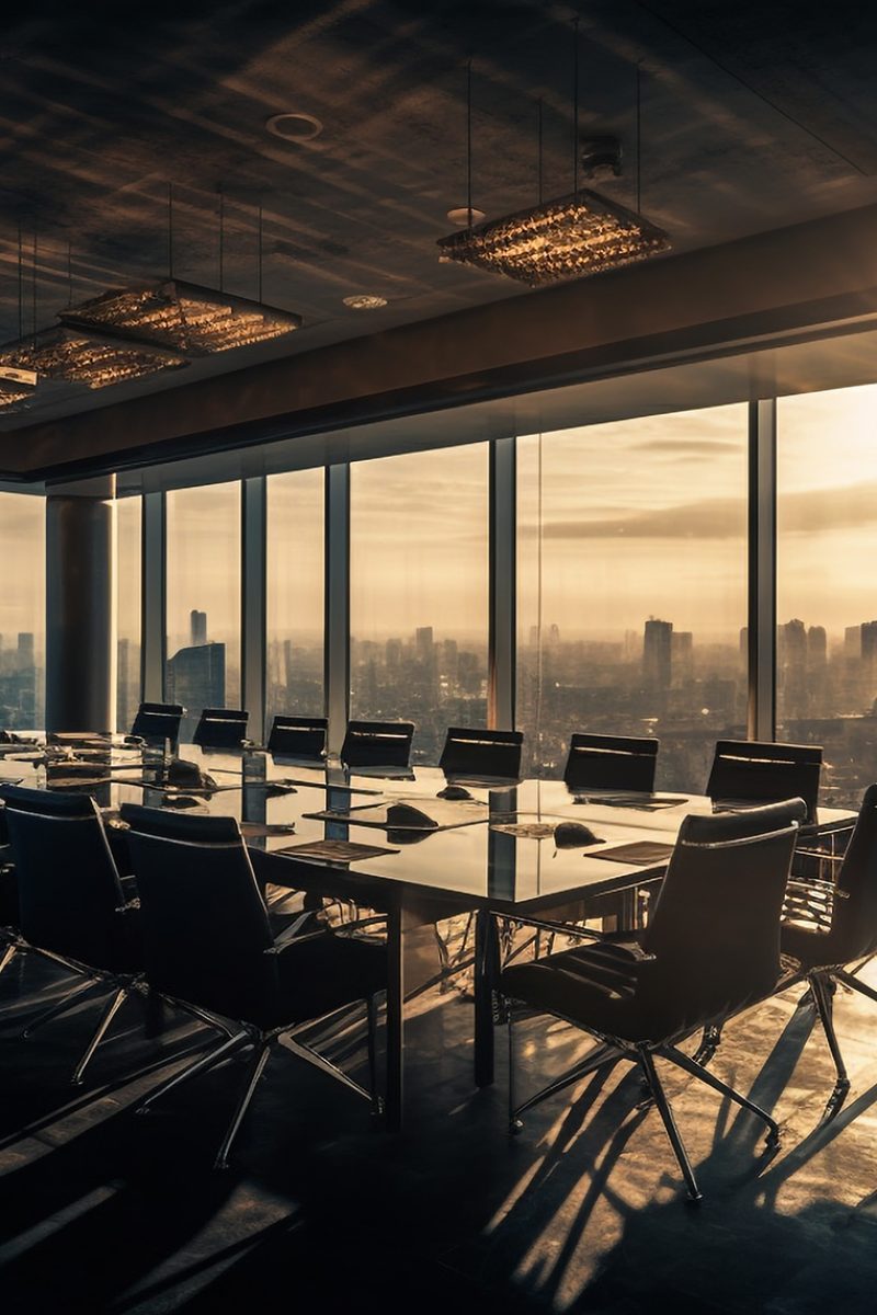 Glass skyscrapers reflect city life at dusk generated by artificial intelligence
