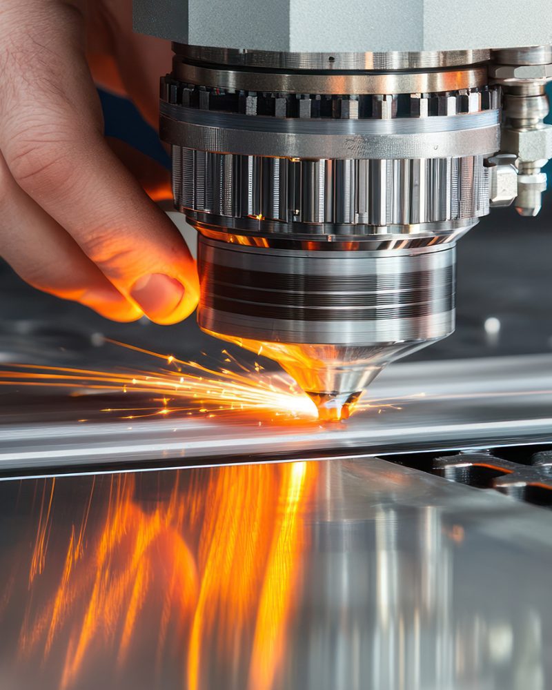 A laser cutting machine in action, creating sparks while processing metal sheets.